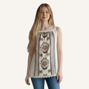 Democracy Womens Medium Cream Embroidered Boho Tank Top Crochet Lace Trim Slub